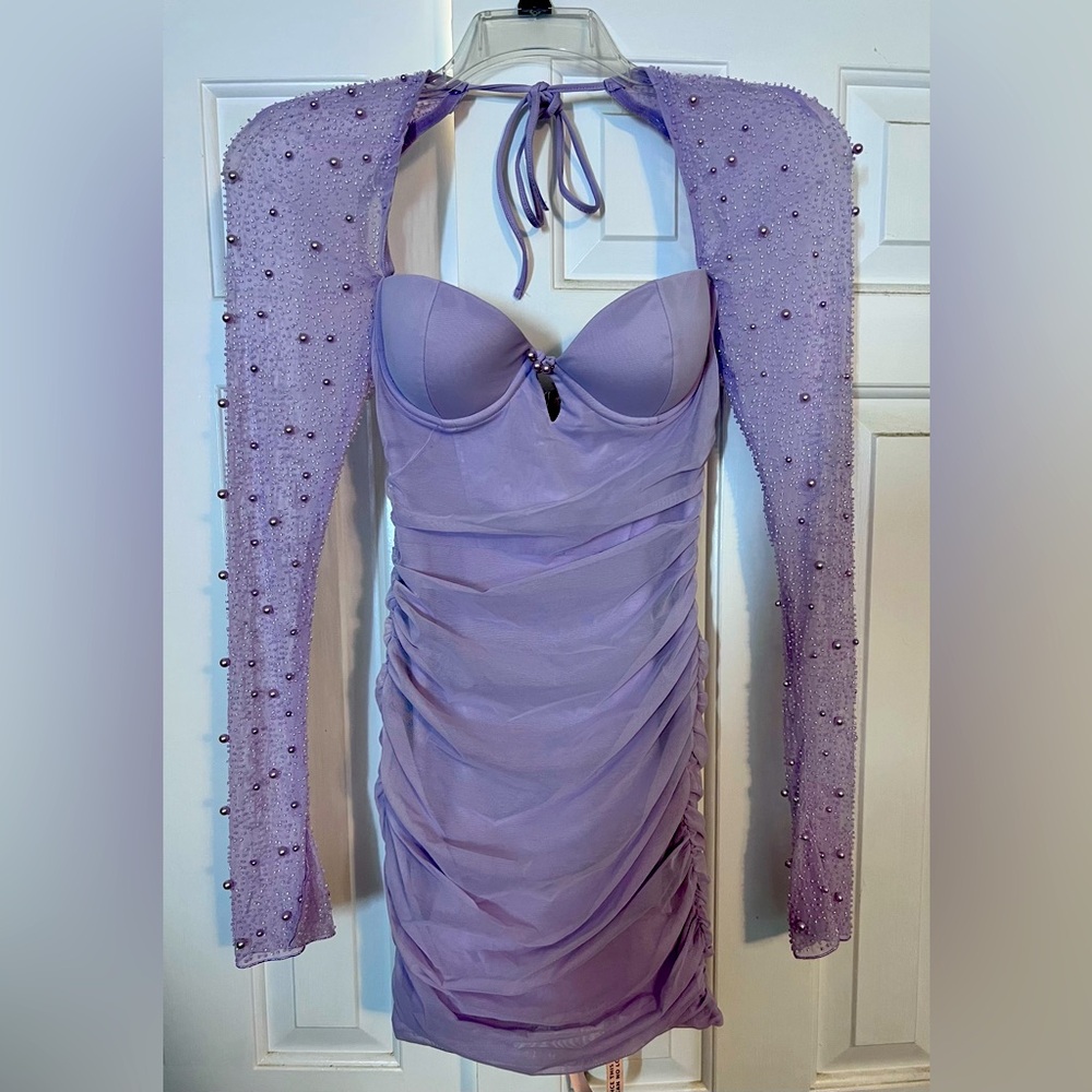 Oh Polly Lavender Dress with Beaded Sleeves